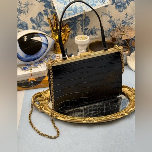 🆕 OROTON 🧿 NWOT Black Icon Frame Croco Clutch - Picture 6 of 16